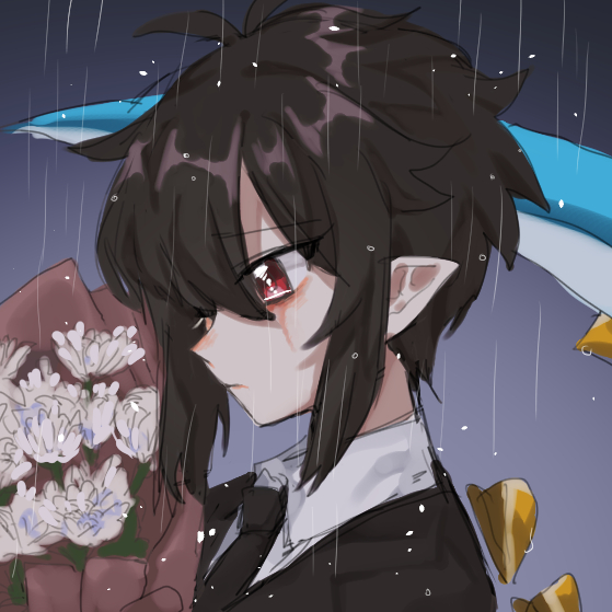 1boy bob_cut bouquet crying facing_to_the_side flower funeral grey_background koyashaka looking_to_the_side lord_of_heroes nine_(lord_of_heroes) otoko_no_ko pale_skin pink_eyes pointy_ears tearing_up weapon