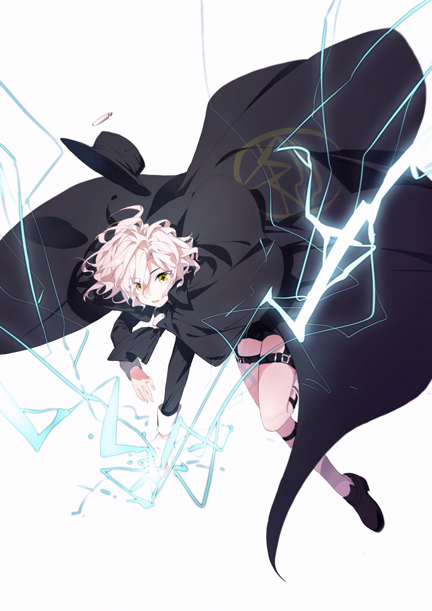 1boy alternate_costume black_footwear cape child e_(h798602056) edmond_dantes_(fate) fate/grand_order fate_(series) fedora formal hat highres lightning long_sleeves male_focus short_hair shorts silver_hair simple_background smile solo suit thunder wavy_hair white_background white_hair yellow_eyes younger