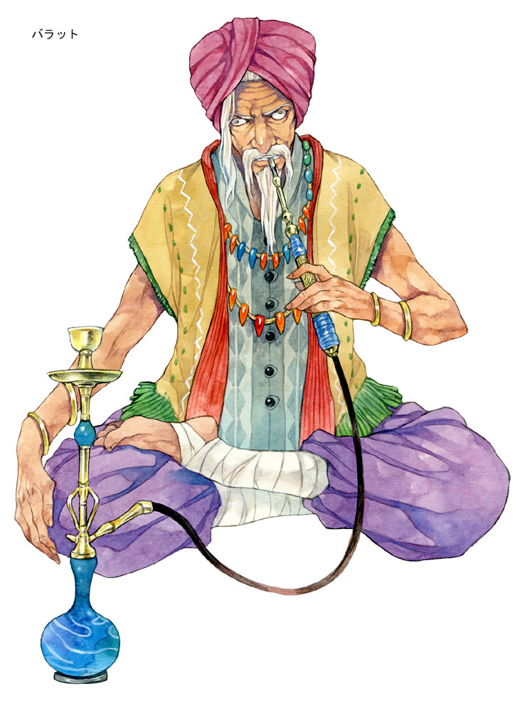 1boy agahari arabian_clothes argyle bangle beads bracelet character_request facial_hair foot_wraps fringe_trim full_body grin half_lotus_position hand_on_own_knee hand_up holding hookah jewelry leg_wrap looking_at_viewer lost_technology male_focus mustache no_shoes non-web_source old old_man pants plantar_flexion puffy_pants purple_pants red_headwear short_sleeves simple_background sitting smile smoking solo standing turban wall-eyed white_background white_hair wide_sleeves wrinkled_skin
