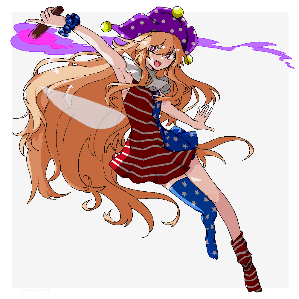 1girl :d adapted_costume american_flag_dress arm_scrunchie arm_up armpit_crease asymmetrical_clothes asymmetrical_legwear bangs blonde_hair blue_scrunchie blush clownpiece commentary_request dress eyelashes fang fire flat_chest full_body grey_background hat holding holding_torch jester_cap long_hair looking_at_viewer miko_(miko030751) neck_ruff open_mouth polka_dot print_dress purple_fire scrunchie simple_background smile solo thigh-highs torch touhou very_long_hair violet_eyes