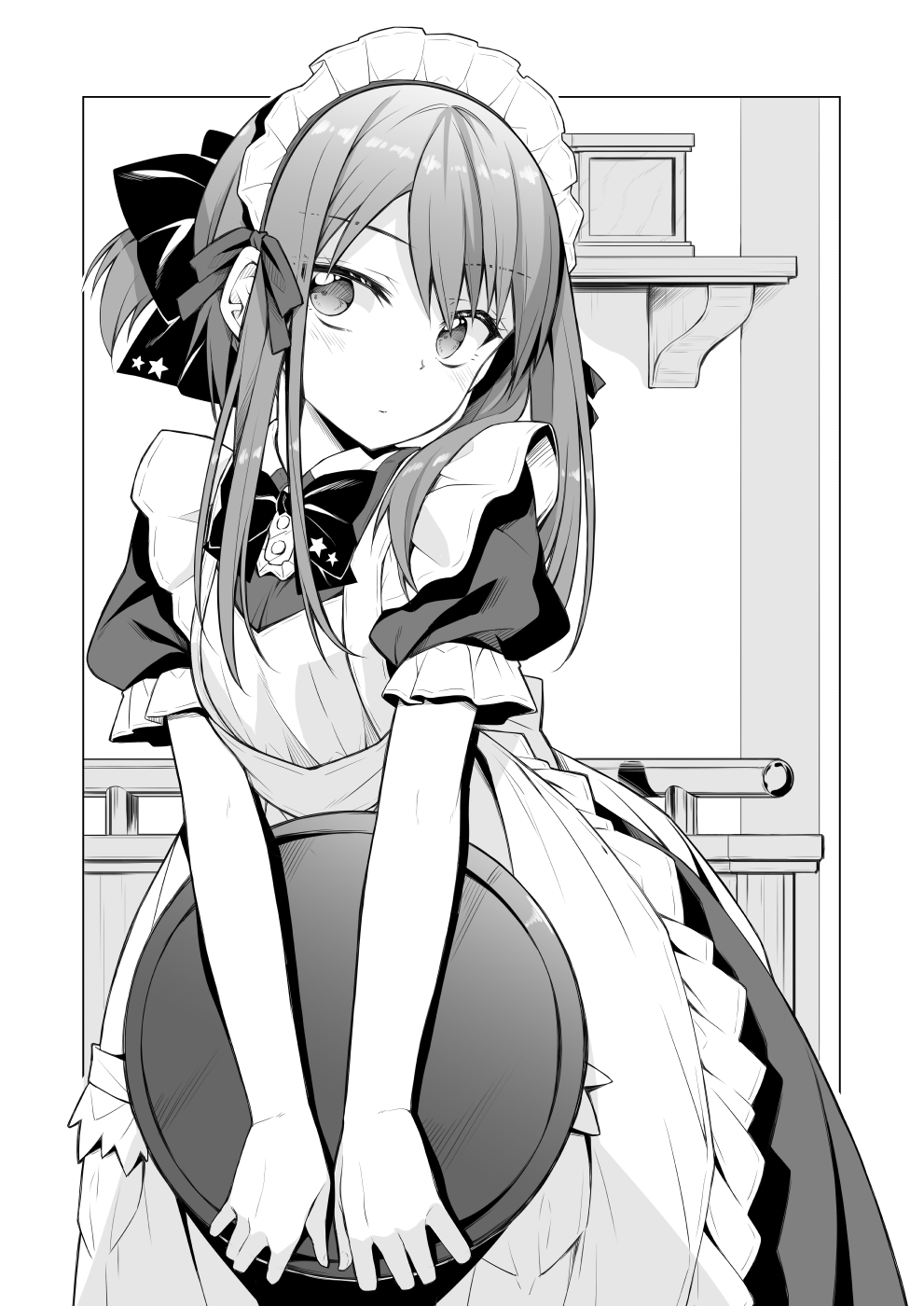 1girl apron bangs blush bow breasts commentary_request dress eyebrows_visible_through_hair frilled_apron frills greyscale hair_between_eyes headdress highres holding holding_tray ina_(inadahime) looking_at_viewer maid maid_apron maid_headdress medium_hair monochrome original puffy_short_sleeves puffy_sleeves short_sleeves sidelocks small_breasts solo tray tsubaki-chan_(ina_(inadahime))