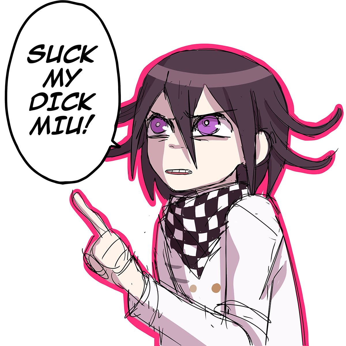 1boy bangs border checkered_clothes checkered_scarf cheer_(cheerkitty14) danganronpa_(series) danganronpa_v3:_killing_harmony english_text flipped_hair grey_background hair_between_eyes highres jacket long_sleeves meme ouma_kokichi pink_border pink_eyes pointing scarf simple_background sketch solo speech_bubble teeth upper_teeth