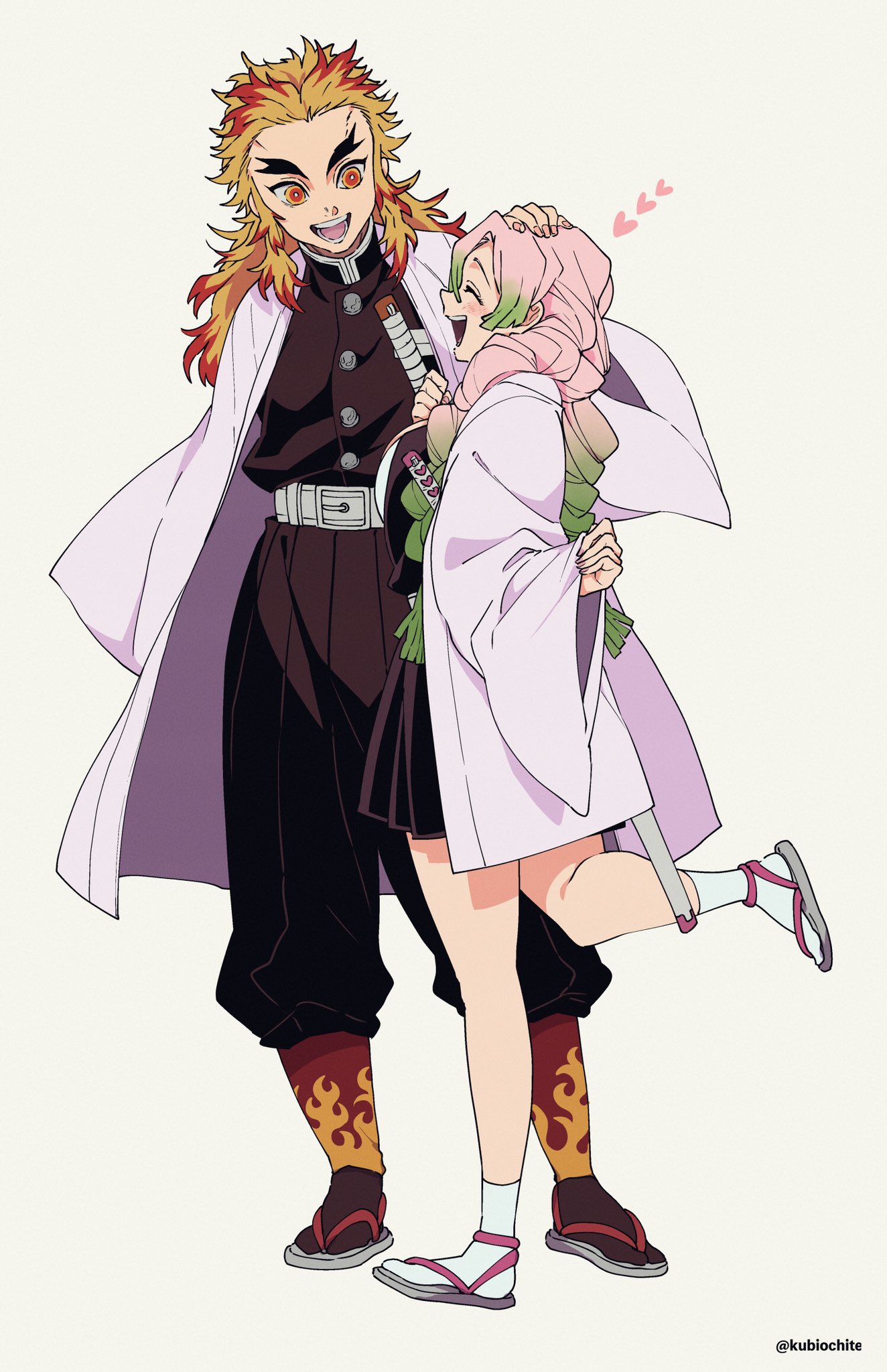 1boy 1girl ^_^ belt black_legwear black_pants black_skirt blonde_hair braid closed_eyes coat colored_tips dalc_rose flame_print forked_eyebrows full_body green_eyes green_hair hand_on_another's_head haori happy headpat heart height_difference highres japanese_clothes kanroji_mitsuri kimetsu_no_yaiba long_hair looking_at_another looking_down matching_outfit miniskirt mole multicolored_hair outstretched_hand pants pinching_sleeves pink_hair pleated_skirt profile red_eyes redhead rengoku_kyoujurou shin_guards simple_background skirt sleeves_past_fingers sleeves_past_wrists standing standing_on_one_leg streaked_hair sword tabi uniform weapon white_coat white_legwear zouri