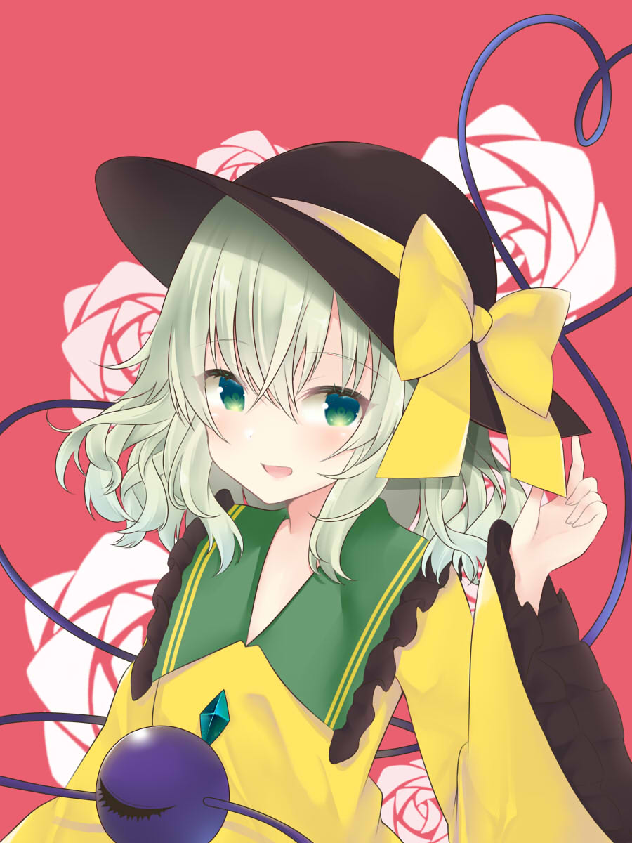 1girl :d bangs black_headwear blouse blush buttons collared_blouse diamond_button eyeball eyebrows_visible_through_hair frilled_shirt_collar frilled_sleeves frills green_eyes hair_between_eyes hat hat_ribbon heart heart_of_string highres komeiji_koishi light_green_hair long_sleeves looking_at_viewer medium_hair open_mouth red_background ribbon sidelocks simple_background smile solo third_eye tosakaoil touhou upper_body wavy_hair wide_sleeves yellow_blouse yellow_ribbon