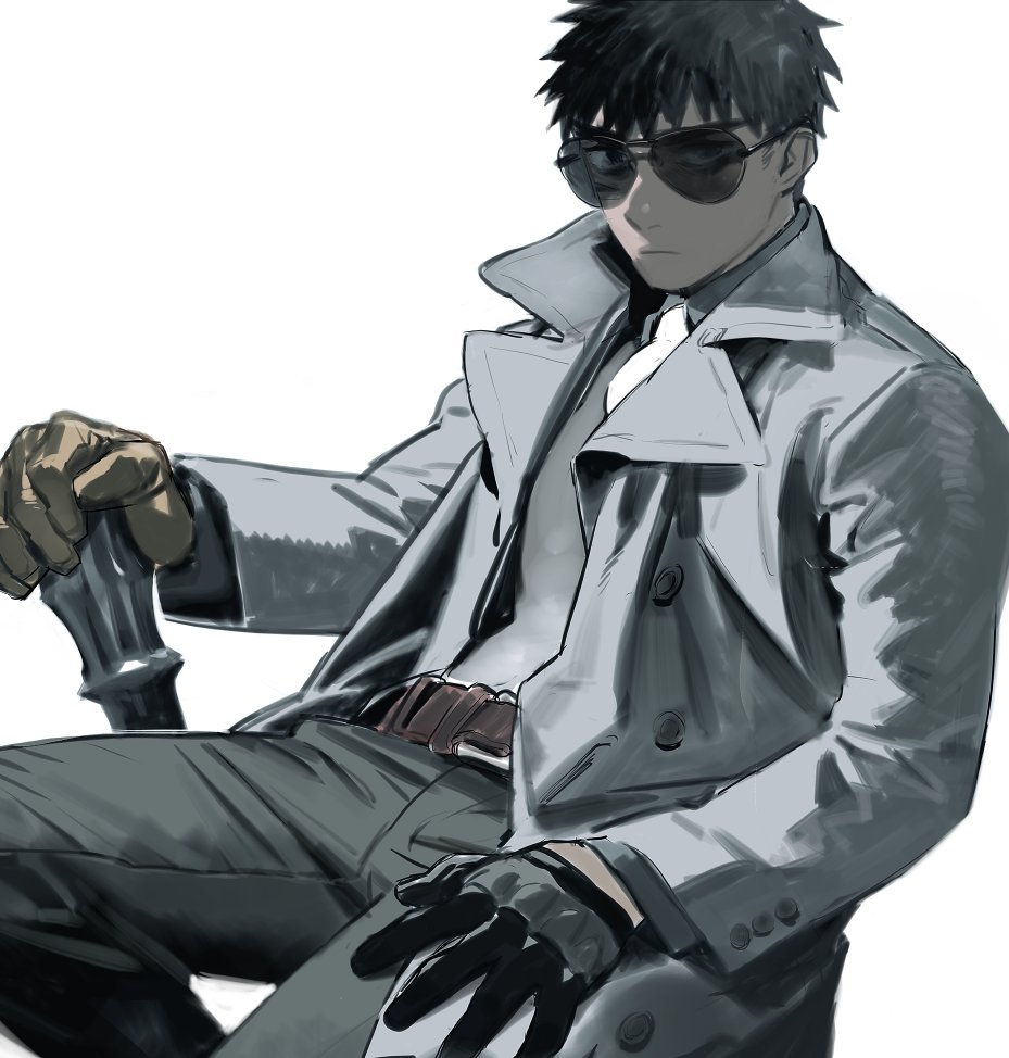 1boy alchemy_stars belt black_gloves black_hair brown_gloves closed_mouth coat commentary_request glasses gloves jacket long_sleeves looking_at_viewer necktie pants pittman_(alchemy_stars) shishio short_hair solo spiky_hair sunglasses white_necktie
