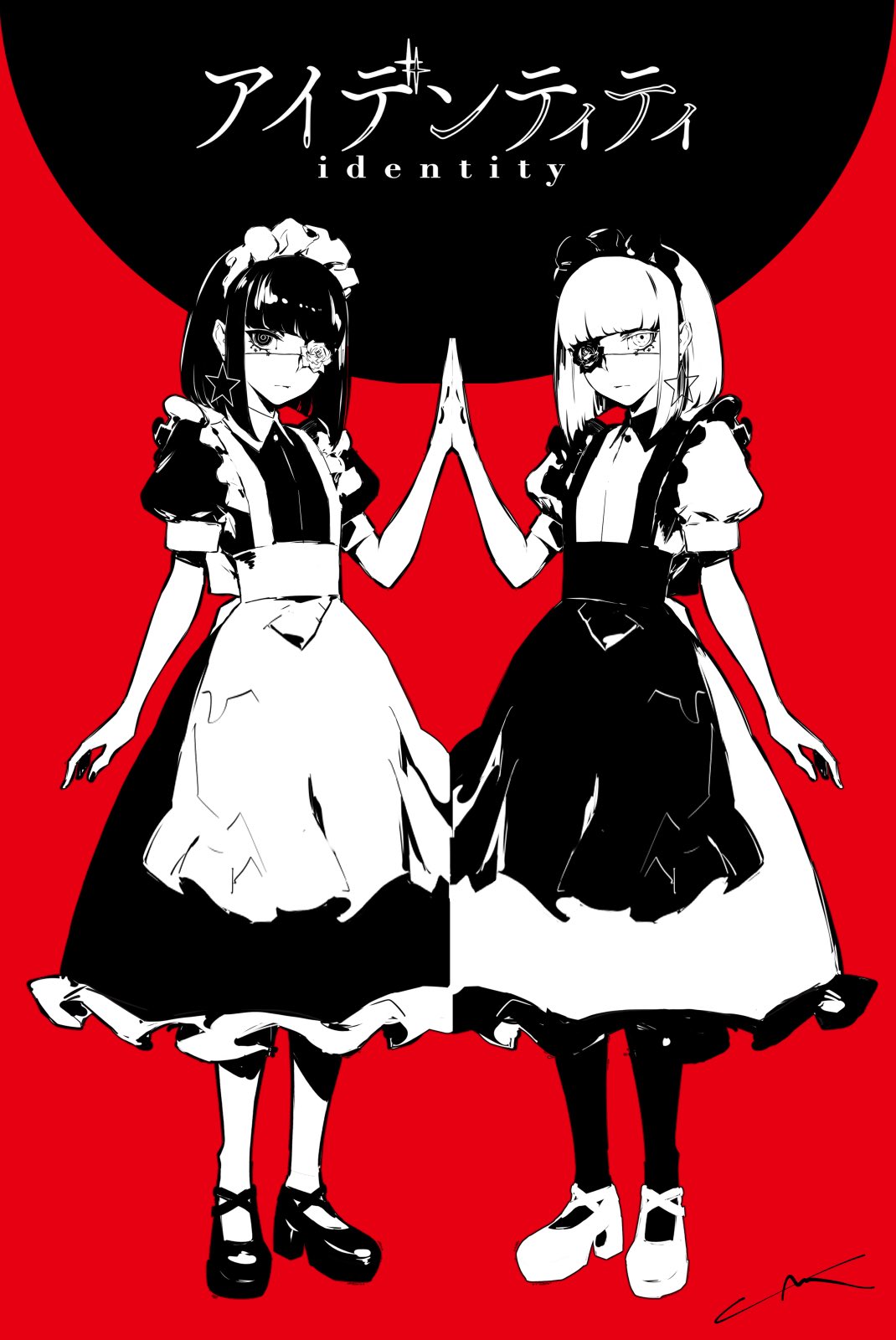 2girls bangs black_eyes black_footwear black_hair black_nails commentary_request earrings eyepatch fingernails frills highres identity_(vocaloid) jewelry lam_(ramdayo) multiple_girls nail_polish red_background short_hair song_name star_(symbol) star_earrings vocaloid white_eyes white_footwear white_hair wing_collar