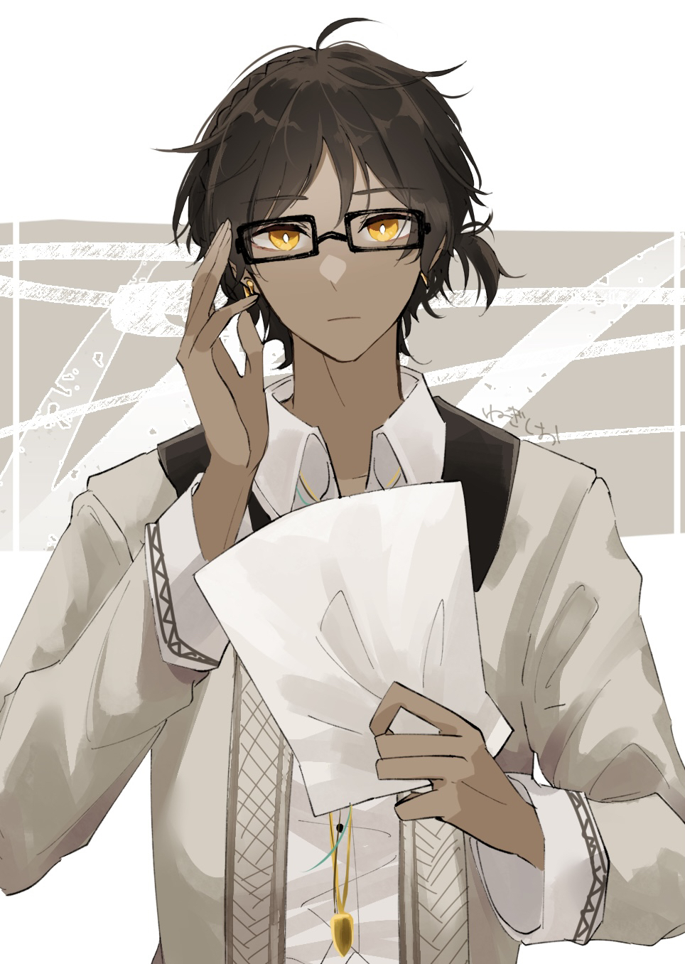 1boy arknights bishounen brown_hair closed_mouth collared_shirt commentary glasses highres holding holding_paper jewelry long_sleeves looking_at_viewer necklace paper s0batter shirt short_hair solo thorns_(arknights) white_shirt yellow_eyes