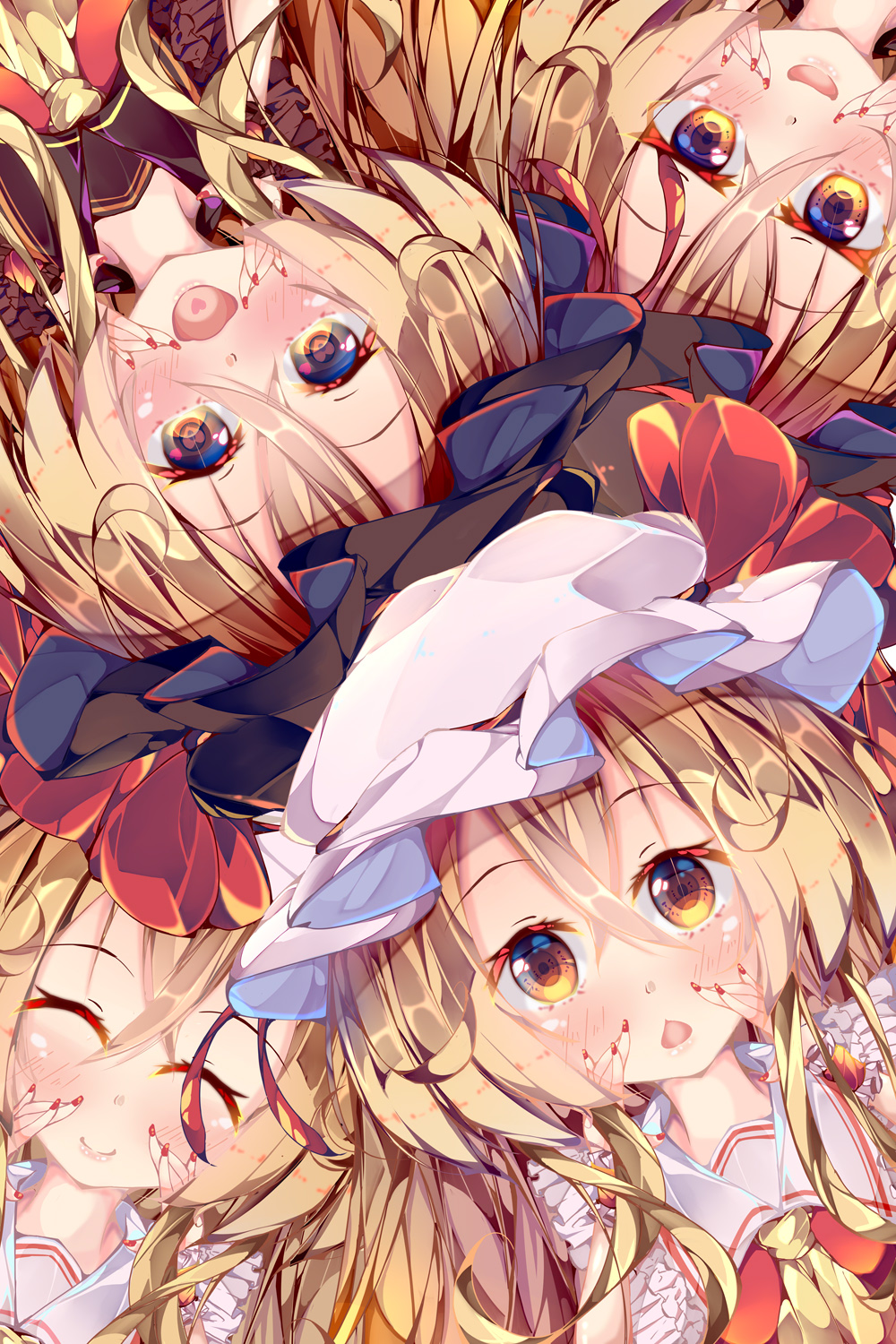 4girls alternate_color alternate_eye_color ascot bangs blonde_hair blush brown_dress brown_headwear chestnut_mouth closed_eyes closed_mouth collared_shirt dress eyebrows_visible_through_hair eyes_visible_through_hair fant fingernails flandre_scarlet four_of_a_kind_(touhou) frills hair_between_eyes hands_on_own_face hands_up hat hat_ribbon heart heart_in_mouth highres long_fingernails looking_at_viewer looking_up lying mob_cap multiple_girls nail_polish necktie on_back one_side_up open_mouth pink_heart puffy_short_sleeves puffy_sleeves red_dress red_nails red_ribbon ribbon shirt short_hair short_sleeves smile touhou upper_body white_headwear white_shirt wrist_cuffs yellow_ascot yellow_eyes yellow_necktie