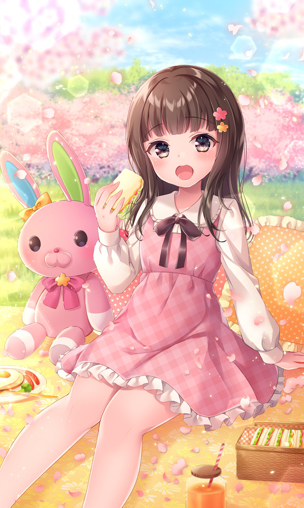 1girl black_bow bow brown_eyes brown_hair character_request cherry_blossoms collared_shirt commentary_request commission day destiny_child dress food fried_egg frilled_dress frilled_pillow frilled_shirt_collar frills hanami holding holding_food long_hair looking_at_viewer nemuri_nemu open_mouth outdoors petals pillow pink_dress plaid plaid_dress polka_dot sandwich shirt sleeveless sleeveless_dress solo stuffed_animal stuffed_bunny stuffed_toy white_shirt