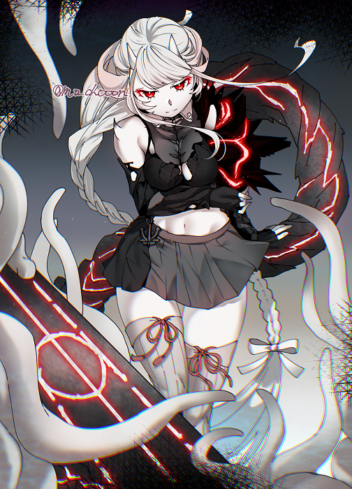1girl abyssal_ship bangs black_gloves braid breasts closed_mouth colored_skin detached_sleeves fingerless_gloves gloves grey_skirt horns kantai_collection long_hair mochitsu_jou pale_skin red_eyes ribbon simple_background skirt solo tentacles thigh-highs twitter_username very_long_hair white_hair white_ribbon white_skin yokohama_wharf_princess
