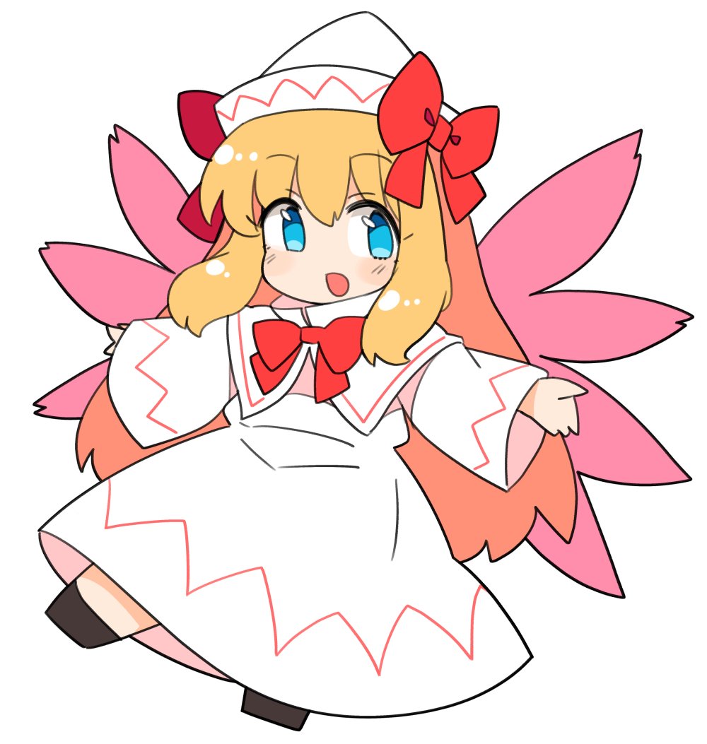 1girl :d bangs black_footwear blonde_hair blue_eyes bow bowtie capelet dress eyebrows_visible_through_hair fairy fairy_wings full_body ini_(inunabe00) lily_white long_hair long_sleeves looking_at_viewer open_mouth pink_wings red_bow red_bowtie simple_background smile solo touhou white_background white_capelet white_dress white_headwear wings