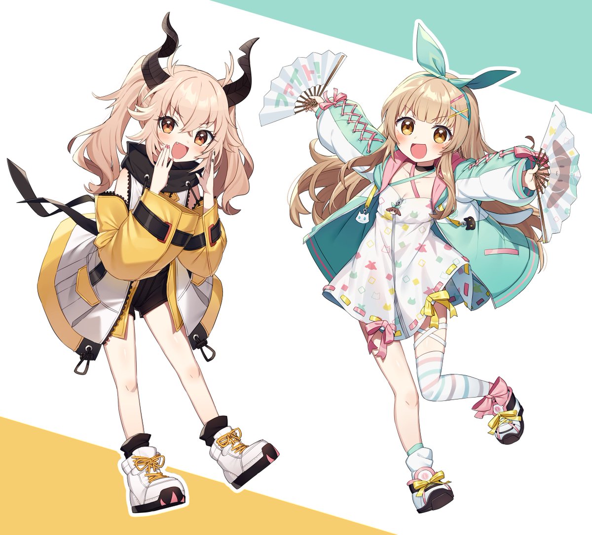 2girls :d animal_print ankle_bow ankle_socks asymmetrical_legwear bangs bare_legs bebe_(nanahira) blush bow breasts broken_horn brown_eyes brown_hair character_print collared_jacket crossed_bangs demon_horns dress eyebrows_visible_through_hair fang green_bow green_jacket hair_between_eyes hair_bow hair_ornament hairpin hand_fan holding holding_fan hood hooded_jacket horns indie_virtual_youtuber jacket jumping kagase_uno knees knees_together_feet_apart light_brown_hair long_hair looking_at_viewer multicolored_background multiple_girls nanahira pink_bow pink_ribbon pocket print_dress ribbon ribbon-trimmed_clothes ribbon-trimmed_dress ribbon_trim shoelaces shoes shorts shouting_with_hands simple_background single_thighhigh sleeve_bow sleeveless sleeveless_dress small_breasts smile sneakers socks striped striped_legwear thigh-highs thigh_strap twintails unzipped versen very_long_hair virtual_youtuber wagashi928 white_dress white_footwear yellow_bow yellow_jacket yellow_ribbon zipper