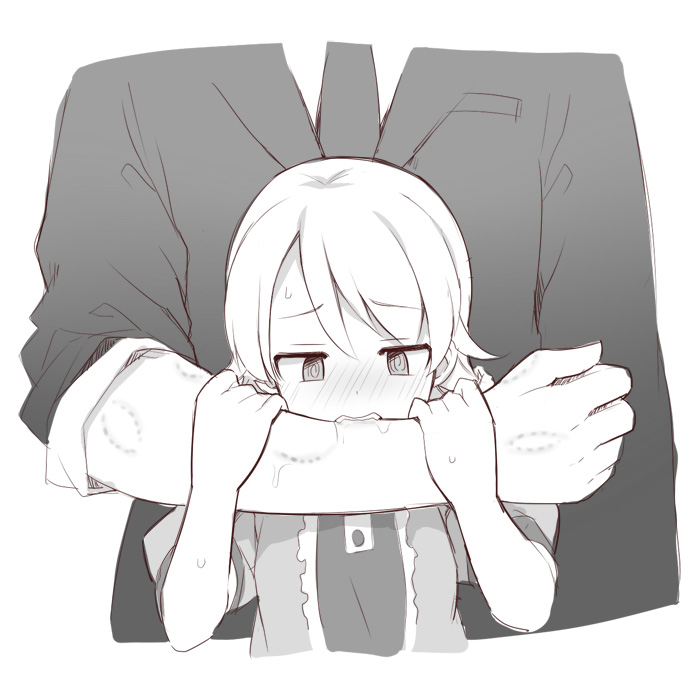 1boy 1girl @_@ bangs bite_mark biting biting_arm blush breasts business_suit commentary_request dress eyebrows_visible_through_hair formal greyscale hands_on_another's_arm height_difference idolmaster idolmaster_cinderella_girls medium_hair monochrome morikubo_nono necktie no_color producer_(idolmaster) puffy_short_sleeves puffy_sleeves short_sleeves sleeves_rolled_up small_breasts suit teeth uccow