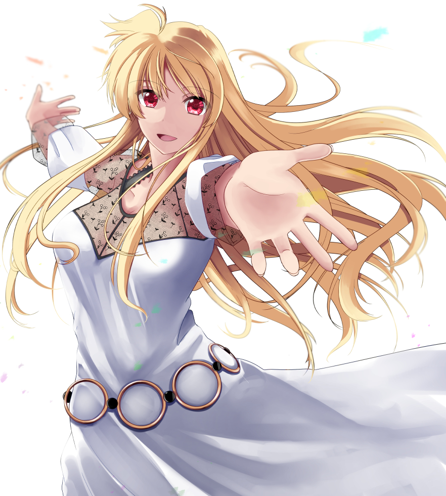 1girl :d bangs belly_chain blonde_hair breasts collarbone dress eyebrows_visible_through_hair fate_testarossa floating_hair hair_between_eyes jewelry large_breasts long_hair looking_at_viewer lyrical_nanoha mahou_shoujo_lyrical_nanoha_strikers open_mouth outstretched_arms red_eyes smile solo sougetsu_izuki standing straight_hair very_long_hair white_dress