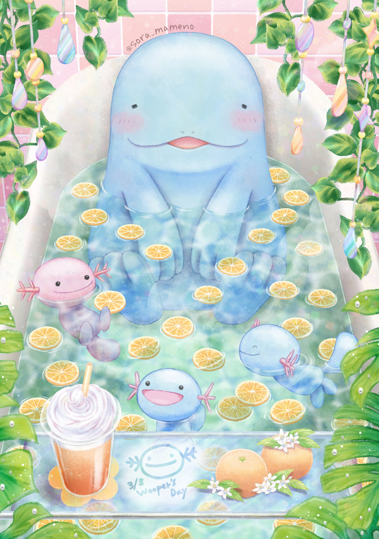 :d ^_^ alternate_color bathing bathtub black_eyes blush character_name character_print closed_eyes commentary_request cup evolutionary_line flower food fruit indoors leaf open_mouth orange_(fruit) orange_slice pokemon quagsire shiny_pokemon sitting smile sora_mameno water white_flower wooper