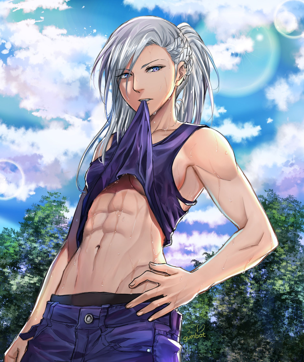 1girl abs armpits blue_eyes blue_sky braid clouds cloudy_sky dripping elvira_(gumbat) from_below god_eater grey_hair gumbat highres light_particles mouth_hold muscular muscular_female navel original ponytail purple_shorts purple_tank_top shirt_in_mouth shorts signature sky sweat sweating_profusely tank_top tree wet