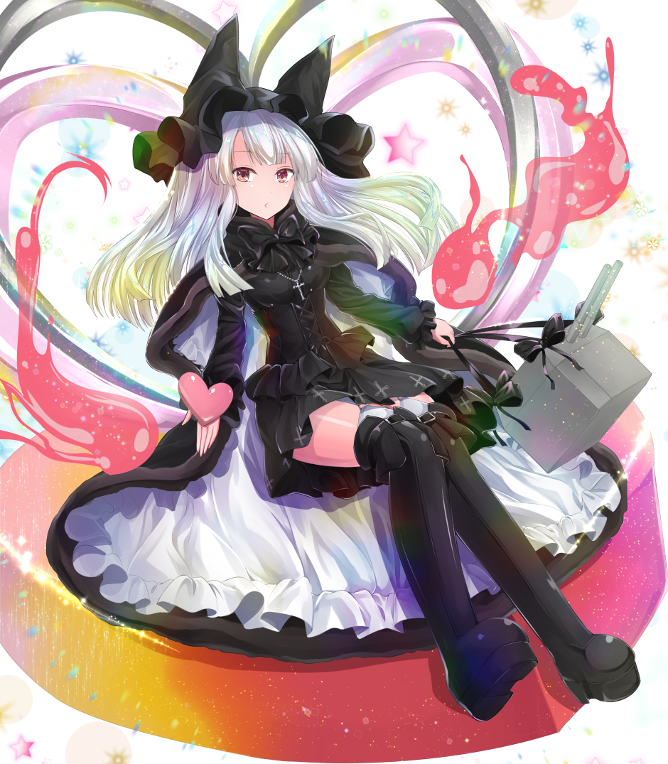 1girl animal_hat azur_lane bag black_cloak boots cloak cross cross_necklace cross_print dress erebus_(azur_lane) erebus_(illusory_happiness)_(azur_lane) frilled_hat frills fur-trimmed_cloak fur_trim gothic_lolita hat heart holding holding_bag holding_heart jewelry knee_boots layered_dress legs lolita_fashion looking_at_viewer necklace official_alternate_costume platform_boots red_eyes solo thigh-highs thigh_boots two-tone_dress white_hair y2 zettai_ryouiki