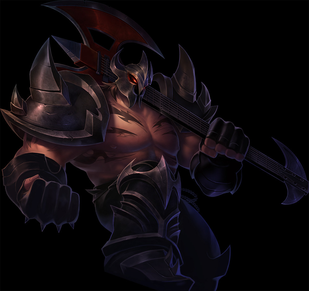 1boy armor axe black_gloves black_pants chain collaboration fingerless_gloves gloves glowing glowing_eyes guitar helm helmet holding holding_instrument instrument league_of_legends male_focus mordekaiser official_alternate_costume pants pentakill_(league_of_legends) pentakill_mordekaiser red_eyes shoulder_armor shoulder_spikes solo spikes tattoo vegacolors