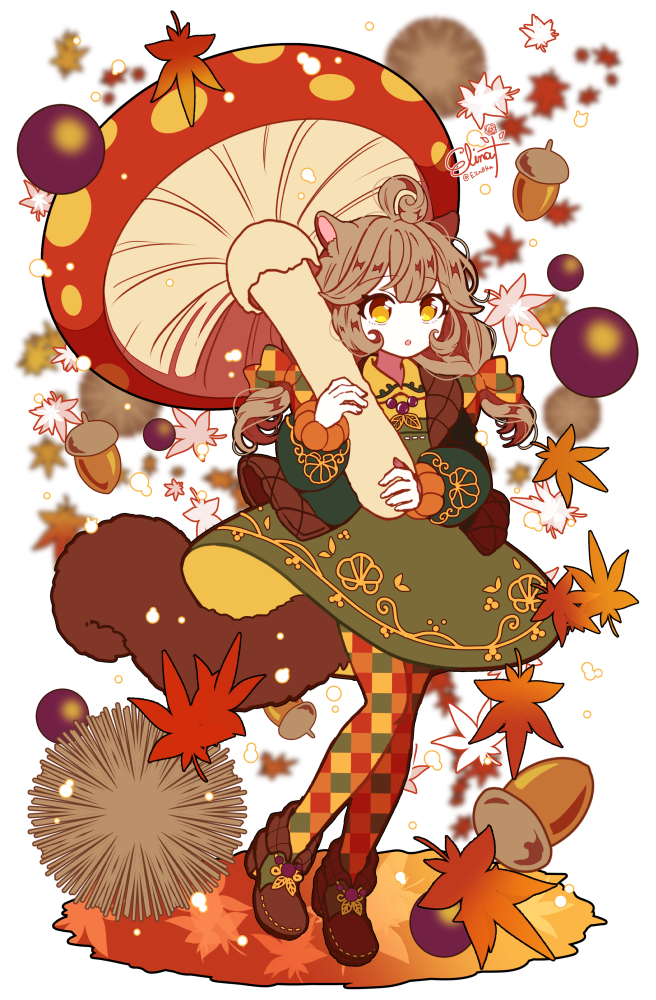 1girl acorn ahoge animal_ears autumn_leaves bangs bow brown_footwear brown_hair checkered_bow checkered_clothes checkered_legwear chestnut commentary dress full_body green_dress hair_bow holding holding_mushroom long_sleeves multicolored_clothes multicolored_legwear murasaki_daidai_etsuo mushroom open_mouth original oversized_object pantyhose shoes simple_background solo squirrel_ears squirrel_tail tail twintails unmoving_pattern white_background yellow_eyes