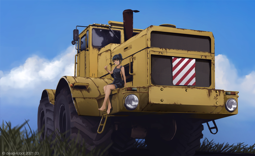 1girl artist_name barefoot black_hair blue_sky bulldozer clouds construction crossed_ankles dated dead-robot full_body grass grey_sky ground_vehicle kirovets_k701 machinery mixed-language_commentary motor_vehicle naked_overalls original outdoors overalls ponytail sitting sky solo vehicle_focus watermark
