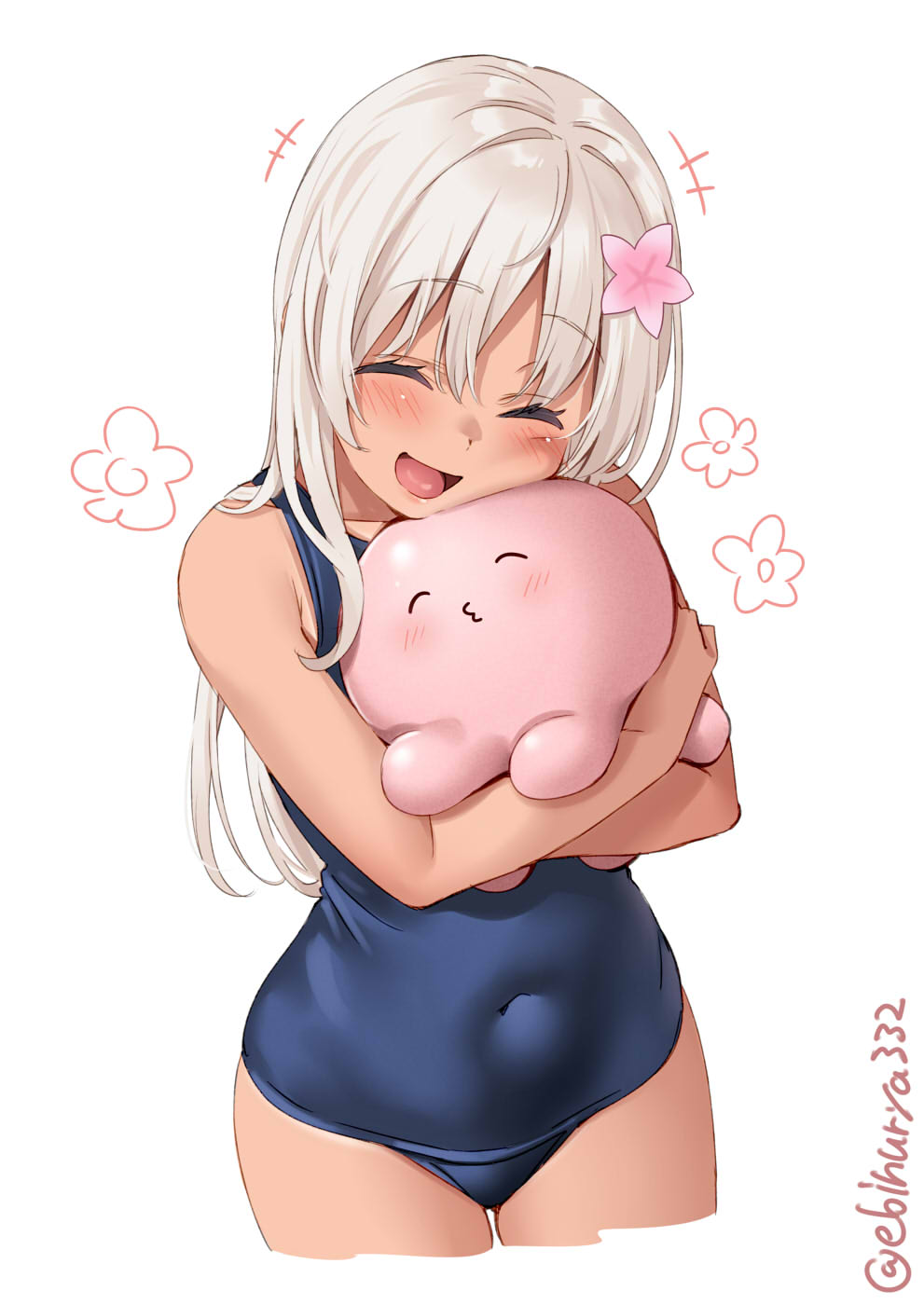 1girl bare_arms bare_shoulders blonde_hair blue_swimsuit blush closed_eyes commentary covered_navel cowboy_shot cropped_legs ebifurya eyebrows_visible_through_hair flower hair_between_eyes hair_flower hair_ornament highres hug kantai_collection long_hair o3o octopus old_school_swimsuit one-piece_swimsuit one-piece_tan open_mouth ro-500_(kancolle) school_swimsuit simple_background smile solo swimsuit swimsuit_under_clothes symbol-only_commentary tan tanlines twitter_username white_background