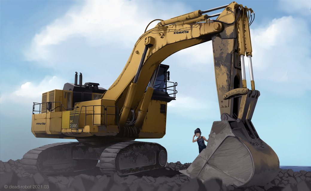 1girl artist_name black_hair clouds cloudy_sky construction dated dead-robot excavator from_behind ground_vehicle komatsu_pc2000 machinery mixed-language_commentary motor_vehicle naked_overalls original outdoors overalls ponytail rock scenery sky solo vehicle_focus watermark