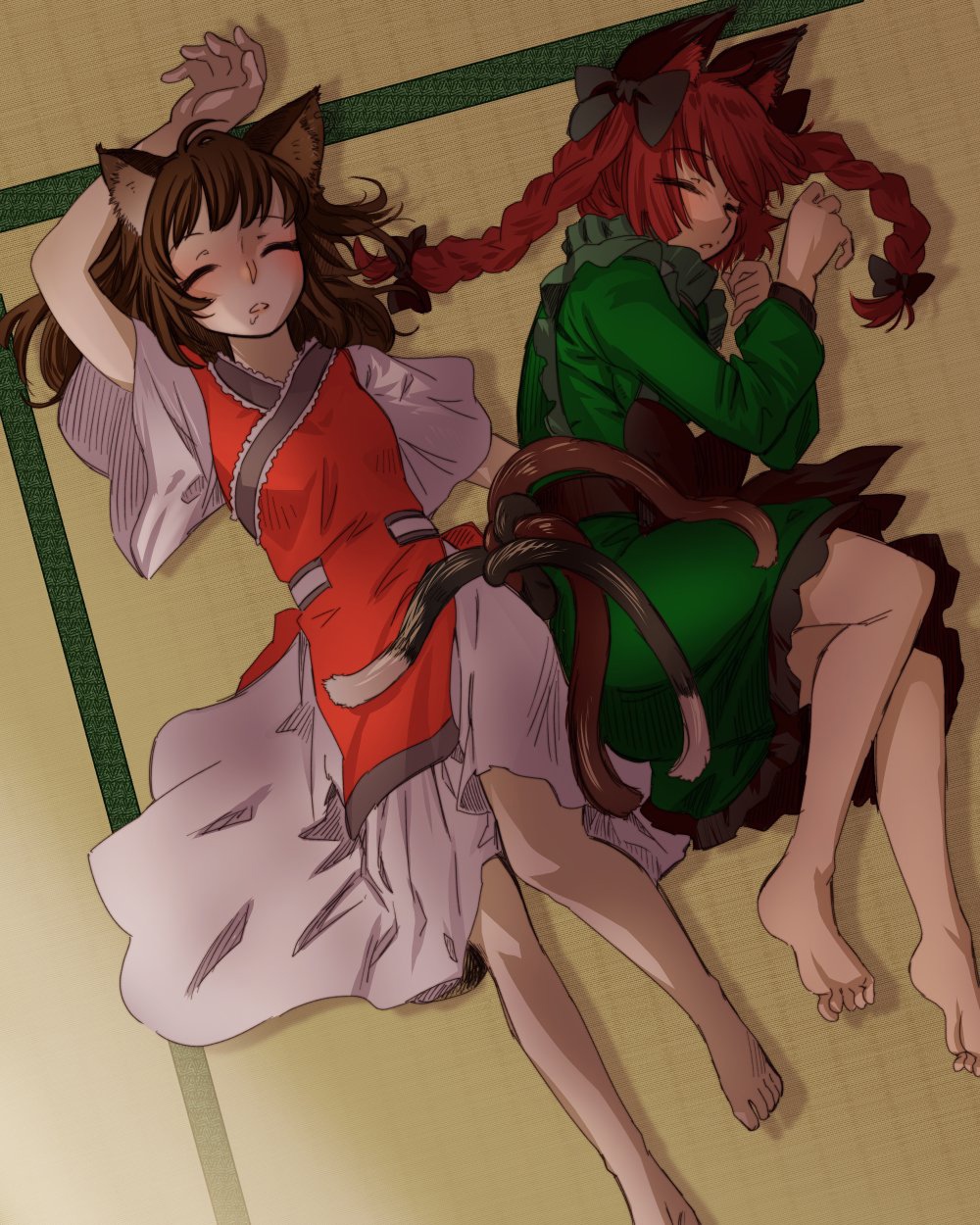 2girls animal_ear_fluff animal_ears artist_request barefoot black_bow bow braid brown_hair cat_ears cat_tail chen closed_eyes dress feet fetal_position friends green_dress highres intertwined_tails kaenbyou_rin long_hair lying multiple_girls multiple_tails non-web_source on_floor open_mouth red_dress redhead saliva short_hair sleeping soles source_request tail tatami toes touhou twin_braids two_tails yuri