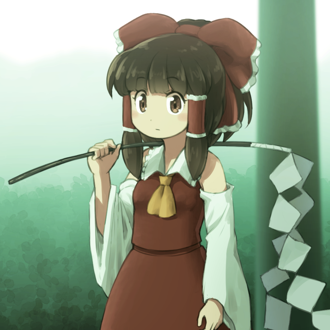 1girl ascot bangs bare_shoulders blush bow breasts brown_eyes brown_hair bush closed_mouth collared_dress commentary detached_sleeves dress eyebrows_visible_through_hair frills gohei hair_ornament hair_tubes hakurei_reimu hand_up leaf long_sleeves looking_at_viewer medium_breasts ponytail red_bow red_dress shirosato short_hair short_ponytail sky solo standing torii touhou white_sky wide_sleeves yellow_ascot