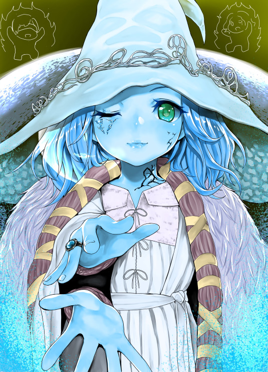 1girl blue_hair blue_skin colored_skin crack cracked_skin dress elden_ring extra_arms extra_faces fur_coat happy hat jewelry long_hair ranni_the_witch ring sakuru simple_background smile solo wavy_hair witch witch_hat
