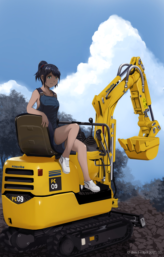 1girl artist_name black_hair clouds cloudy_sky construction dated dead-robot excavator ground_vehicle komatsu_pc09 looking_at_viewer machinery mixed-language_commentary motor_vehicle naked_overalls original outdoors overalls ponytail rock shoes sitting sky sneakers solo tree vehicle_focus watermark white_footwear