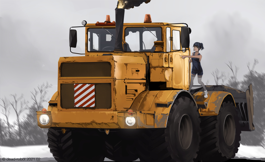 1girl artist_name black_hair bulldozer construction dated dead-robot full_body grey_legwear grey_sky ground_vehicle kirovets_k701 machinery mixed-language_commentary motor_vehicle naked_overalls original outdoors overalls ponytail smoke snow solo thigh-highs tree vehicle_focus watermark