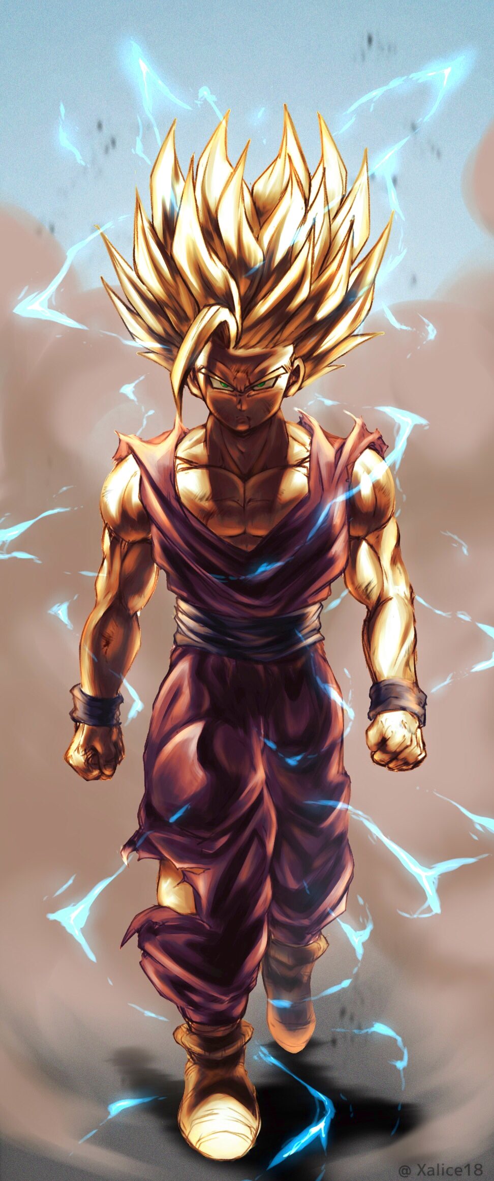 1boy angry aura bare_arms blonde_hair blue_eyes commentary dragon_ball dragon_ball_z highres large_pectorals male_focus muscular pectoral_cleavage pectorals saiyan simple_background solo son_gohan spiky_hair super_saiyan super_saiyan_2 torn_clothes walking xalice18