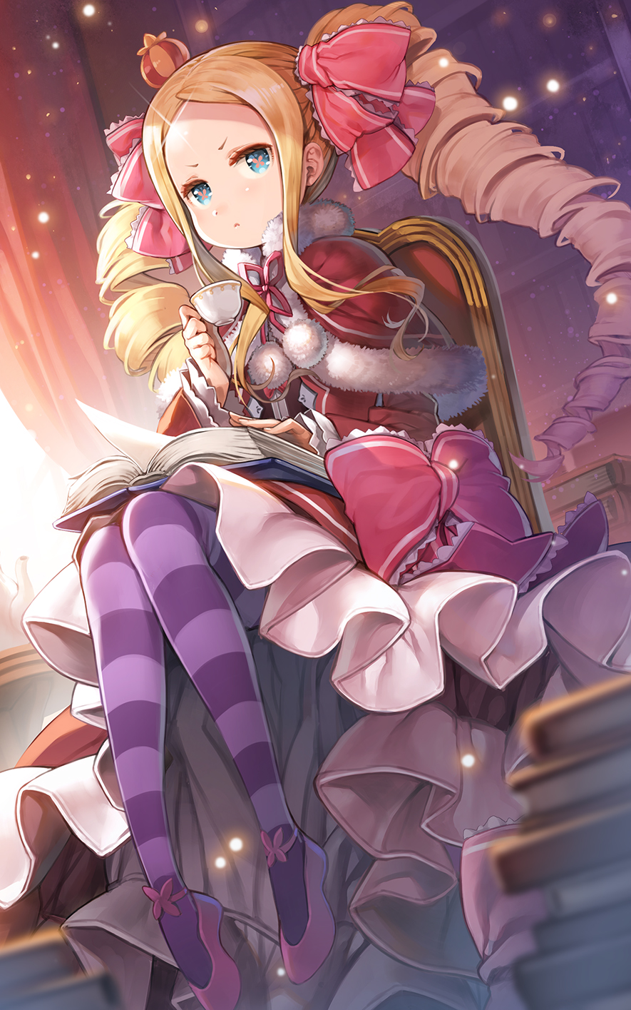 1girl beatrice_(re:zero) blonde_hair blue_eyes book book_stack bookshelf bow butterfly-shaped_pupils capelet closed_mouth commentary_request crown cup curtains day dress drill_hair forehead fur-trimmed_capelet fur_trim glint hagure_keg highres holding holding_cup long_hair long_sleeves mini_crown open_book pantyhose pink_bow pink_footwear re:zero_kara_hajimeru_isekai_seikatsu red_capelet red_dress shoes sitting sleeves_past_wrists solo striped striped_legwear sunlight symbol-shaped_pupils teacup twin_drills twintails v-shaped_eyebrows very_long_hair wide_sleeves window