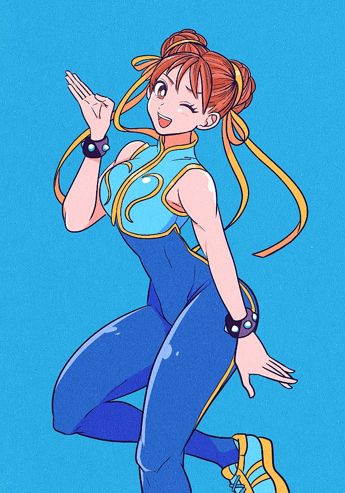 1girl bangs bare_shoulders blue_background blue_bodysuit blush bodysuit bracelet brown_hair bun_cover chinese_clothes chun-li crop_top crop_top_overhang double_bun earrings hair_bun hand_up jewelry motozaki_mio one_eye_closed open_mouth skin_tight snickers solo spiked_bracelet spikes street_fighter street_fighter_zero_(series) studded_bracelet thighs