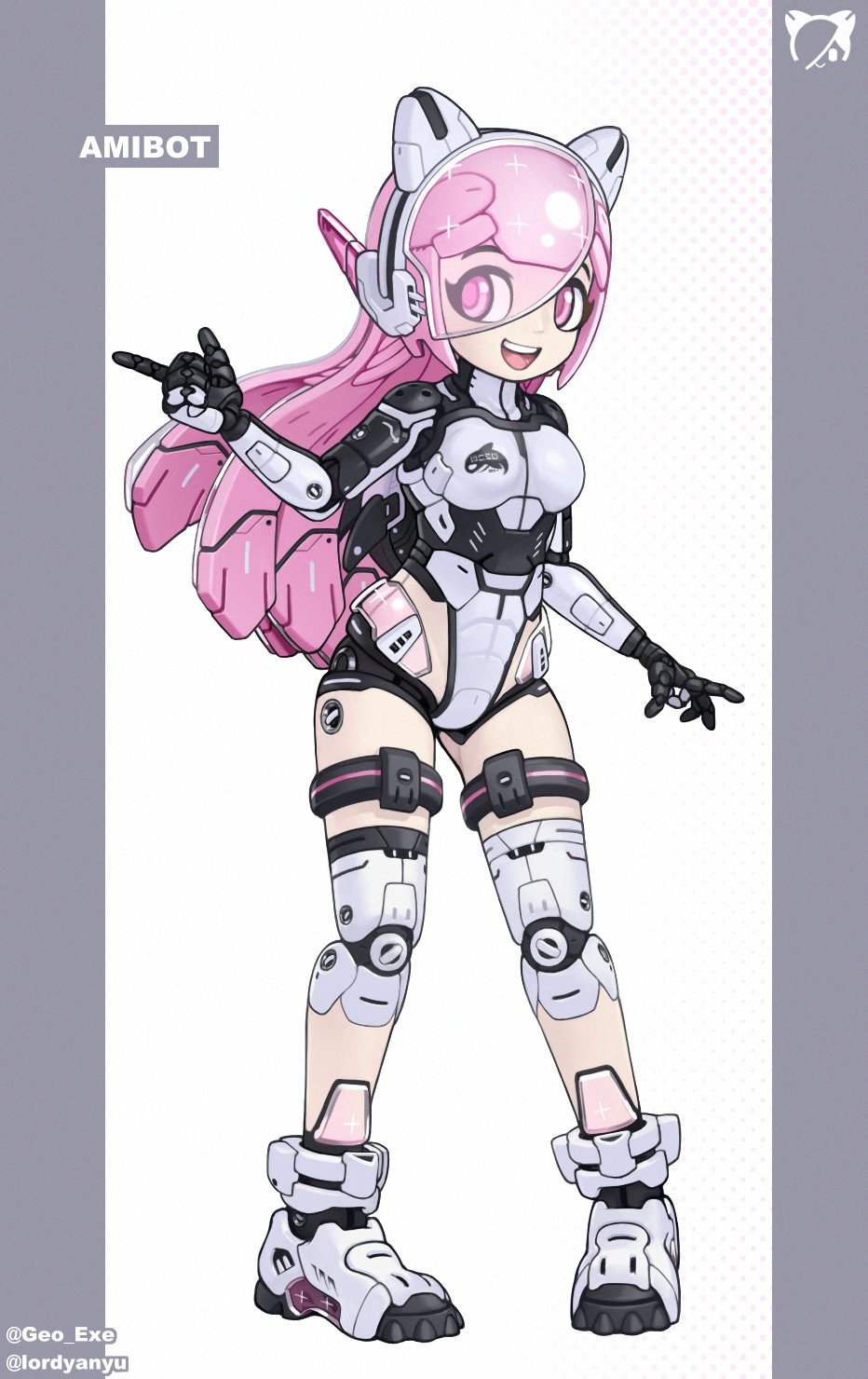 1girl :d ami_(gwain_saga) android english_commentary full_body grey_background gwain_saga highres humanoid_robot joints long_hair lordyanyu mechanical_hair mechanization pigeon-toed pink_eyes pink_hair robot_joints smile solo standing teeth two-tone_background upper_teeth visor white_background