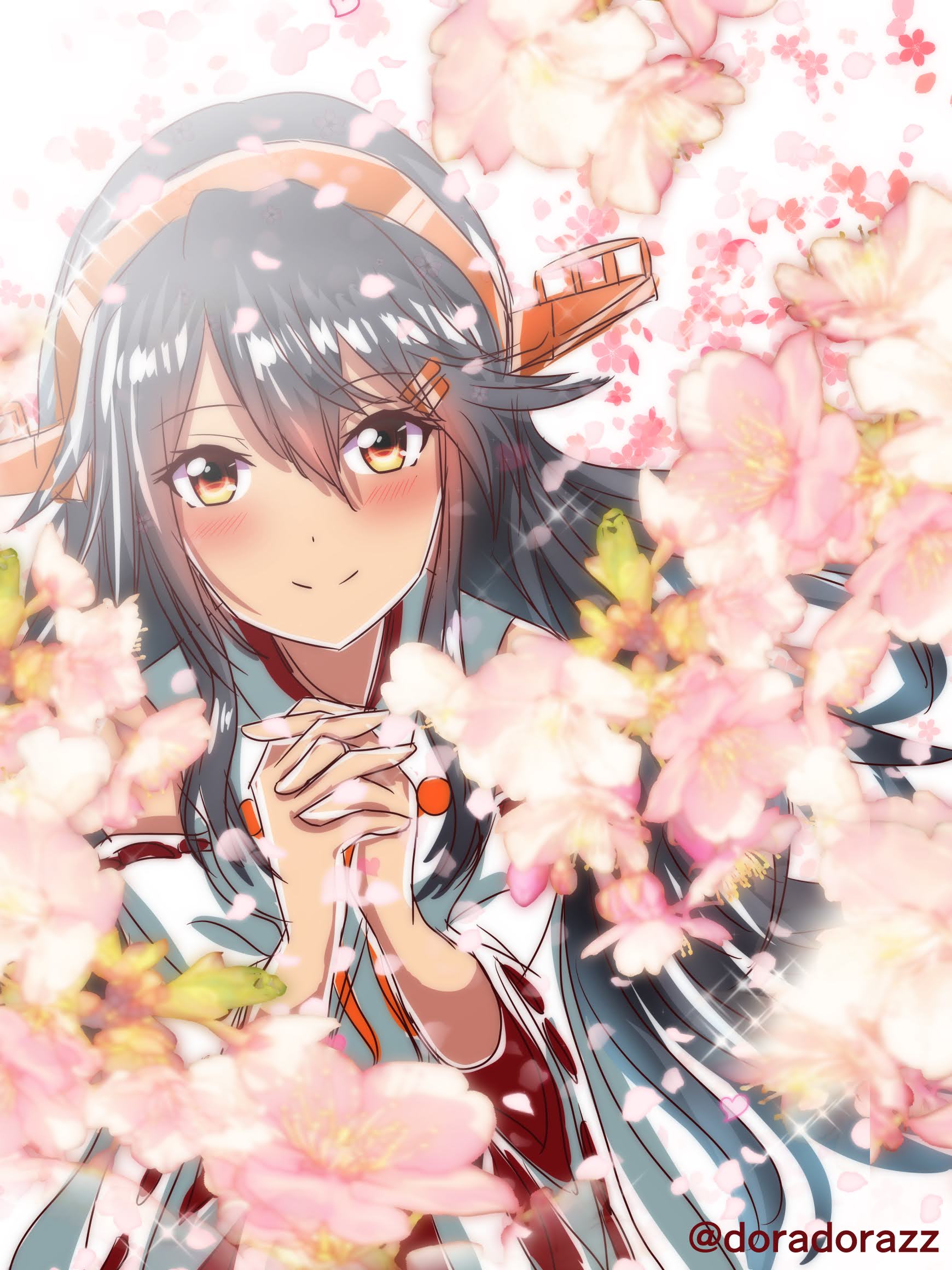 1girl black_hair blush brown_eyes cherry_blossoms commentary_request doradorazz hair_between_eyes hair_ornament hairclip haruna_(kancolle) haruna_kai_ni_(kancolle) highres kantai_collection long_hair looking_at_viewer nontraditional_miko one-hour_drawing_challenge red_skirt skirt smile solo twitter_username upper_body