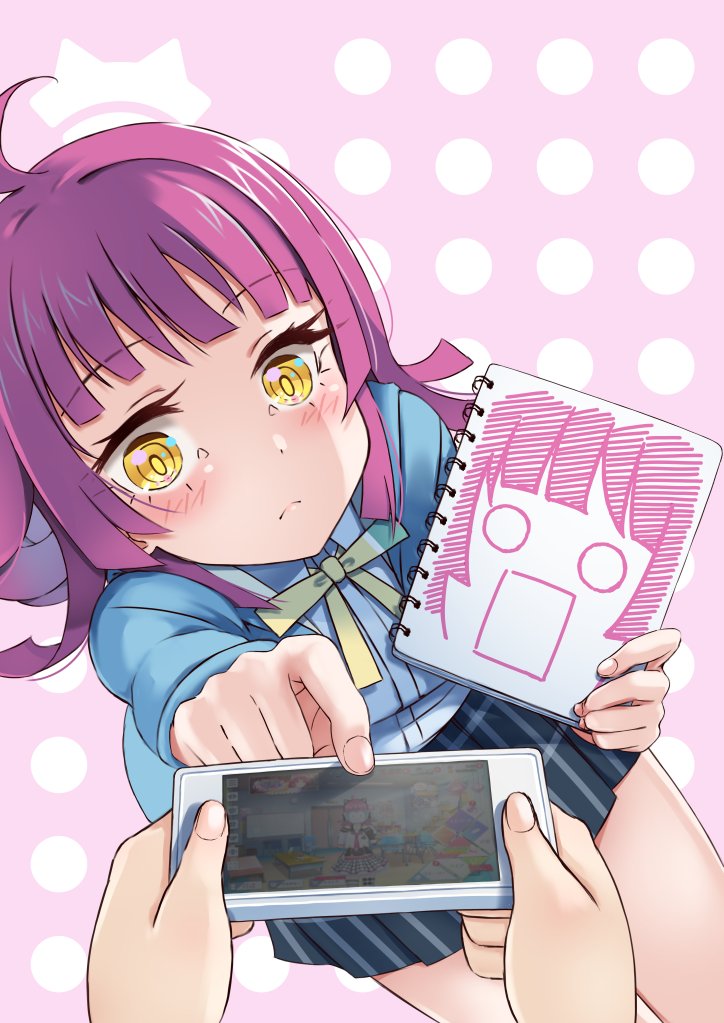 0_0 ahoge blush bow bowtie cellphone checkered_clothes checkered_skirt commentary_request expressionless eyebrows_visible_through_hair eyelashes holding holding_sketchbook looking_at_object love_live! love_live!_nijigasaki_high_school_idol_club love_live!_school_idol_festival_all_stars medium_hair nijigasaki_academy_uniform phone pink_background pink_hair pleated_skirt polka_dot polka_dot_background shirt sidelocks sketchbook skirt smartphone solo_focus tennouji_rina the-prinprince thighs white_shirt yellow_eyes