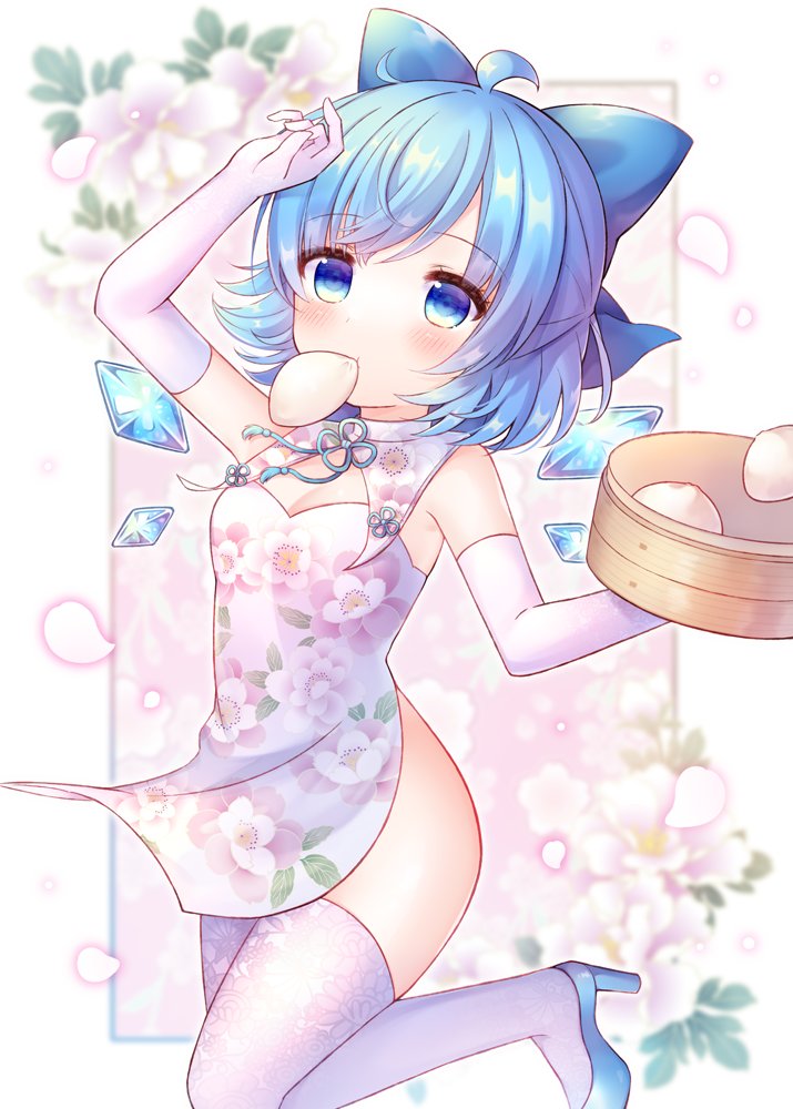1girl baozi blue_bow blue_eyes blue_footwear blue_hair blush bow china_dress chinese_clothes cirno detached_wings dress elbow_gloves eyebrows_visible_through_hair fairy flower food gloves hair_between_eyes hair_bow high_heels ice ice_wings mouth_hold petals pink_flower pjrmhm_coa short_hair solo thigh-highs touhou white_dress white_gloves white_legwear wings