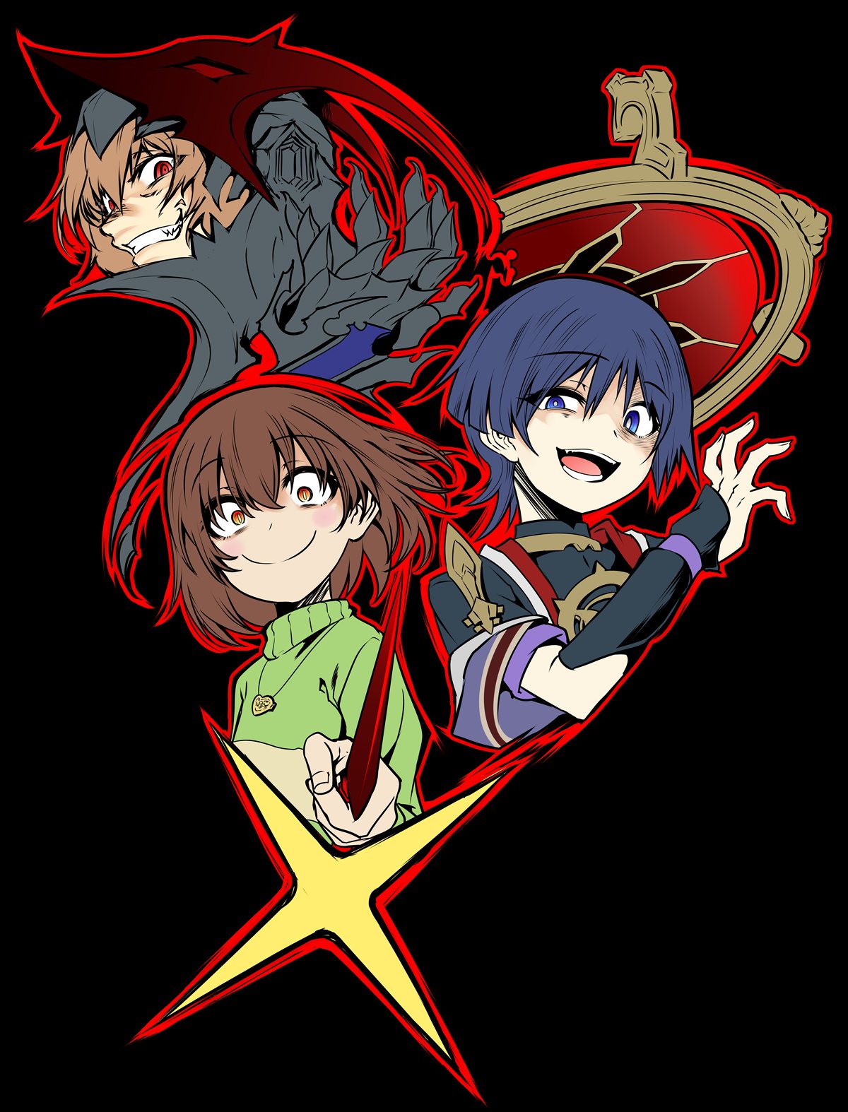 1other 2boys akechi_gorou bangs blue_eyes blue_hair brown_hair chara_(undertale) commentary_request crazy_eyes crazy_smile crossover eyebrows_visible_through_hair genshin_impact grin hat highres holding holding_knife holding_weapon jewelry knife looking_at_viewer multiple_boys nanamatsu_kenji necklace open_mouth persona persona_5 red_eyes scaramouche_(genshin_impact) simple_background smile sparkle sweater undertale weapon