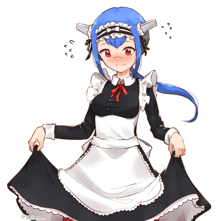1girl adapted_uniform alternate_costume blue_hair blush bow breasts cowboy_shot crosscode dress enmaided flying_sweatdrops frilled_dress frills headgear lea_(crosscode) looking_down maid maid_headdress medium_breasts red_eyes skirt_hold solo twitter_username white_bow yuikannon
