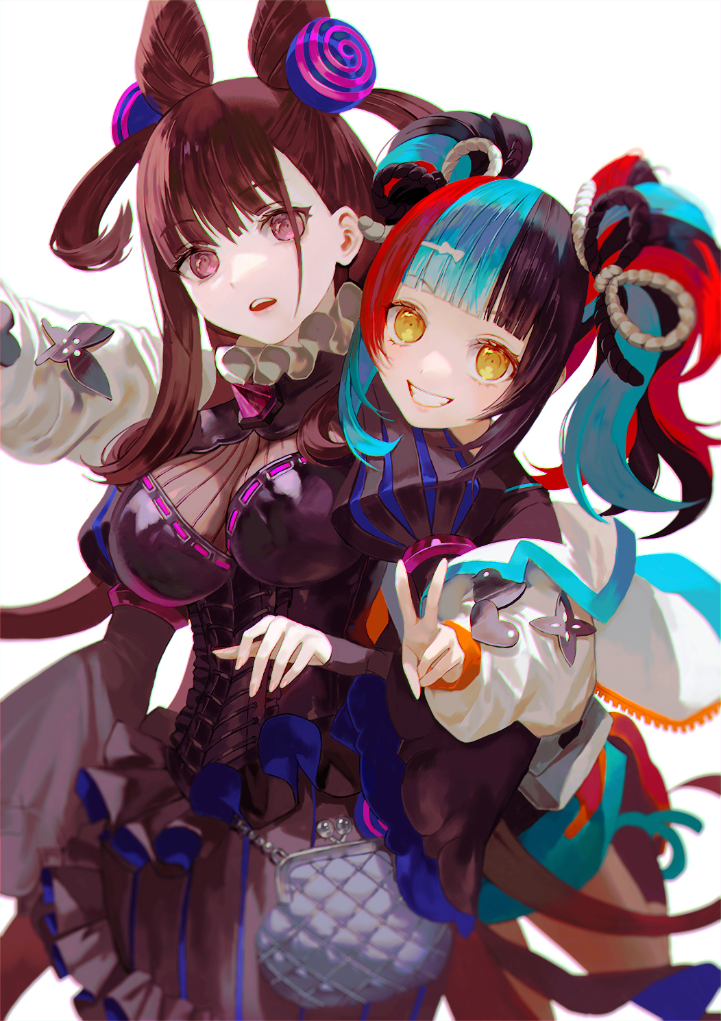 2girls :d bangs black_dress black_hair blue_hair blush breasts brown_hair daeraeband double_bun dress eyebrows_visible_through_hair fate/grand_order fate_(series) hair_between_eyes hair_cones hair_ornament highres hug hug_from_behind jacket large_breasts long_hair long_sleeves looking_at_viewer multicolored_hair multiple_girls murasaki_shikibu_(fate) off_shoulder open_clothes puffy_sleeves redhead sailor_collar sei_shounagon_(fate) shirt simple_background smile sunglasses twintails two_side_up upper_body v very_long_hair violet_eyes white_background white_jacket yellow_eyes