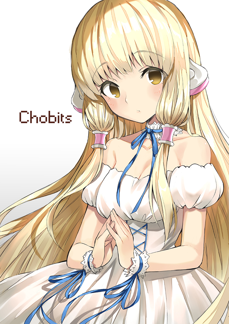 1girl blonde_hair blush breasts brown_eyes chii chobits choker copyright_name dress english_text eyebrows_visible_through_hair hair_tubes long_hair looking_at_viewer medium_breasts off-shoulder_dress off_shoulder own_hands_together ribbon shitou_(1992116210) simple_background solo_focus very_long_hair white_dress wrist_cuffs wrist_ribbon