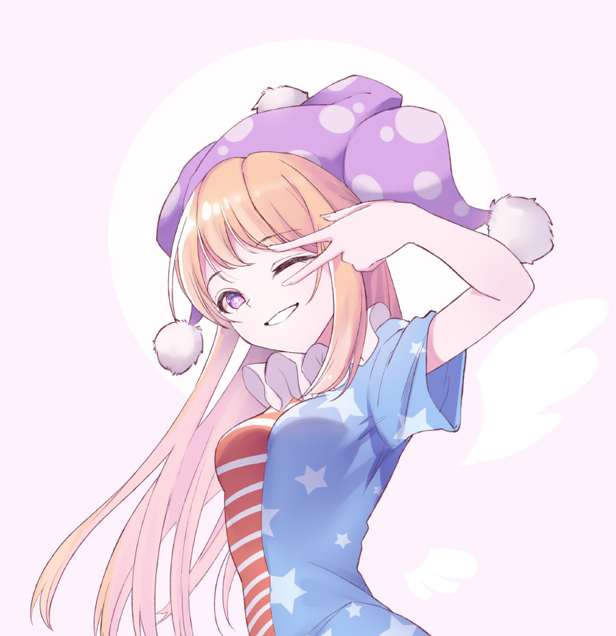1girl american_flag_dress blonde_hair breasts clownpiece hat jester_cap long_hair looking_at_viewer neck_ruff polka_dot purple_headwear short_sleeves simple_background small_breasts smile solo star-shaped_pupils star_(symbol) star_print striped symbol-shaped_pupils touhou upper_body v_over_eye violet_eyes white_background z.o.b