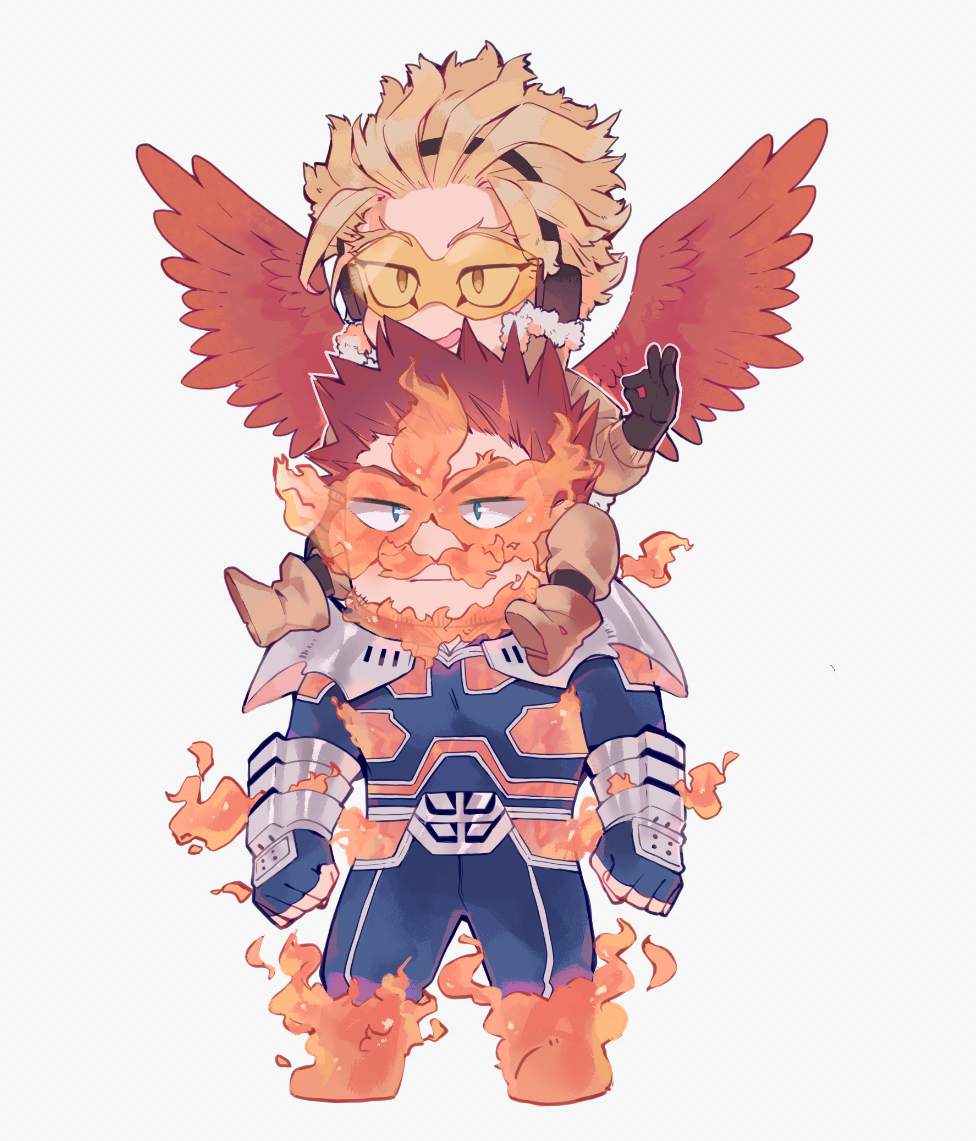 2boys armor black_gloves blonde_hair blue_eyes boku_no_hero_academia boots brown_footwear brown_jacket brown_pants carrying chibi clenched_hands closed_mouth commentary crispyfrites endeavor_(boku_no_hero_academia) english_commentary feathered_wings fire fur-trimmed_jacket fur_trim gloves hawks_(boku_no_hero_academia) jacket male_focus multiple_boys no_nose ok_sign open_mouth pants red_wings redhead short_hair shoulder_carry simple_background sitting smile spread_wings standing tinted_eyewear vambraces white_background wings yellow-tinted_eyewear