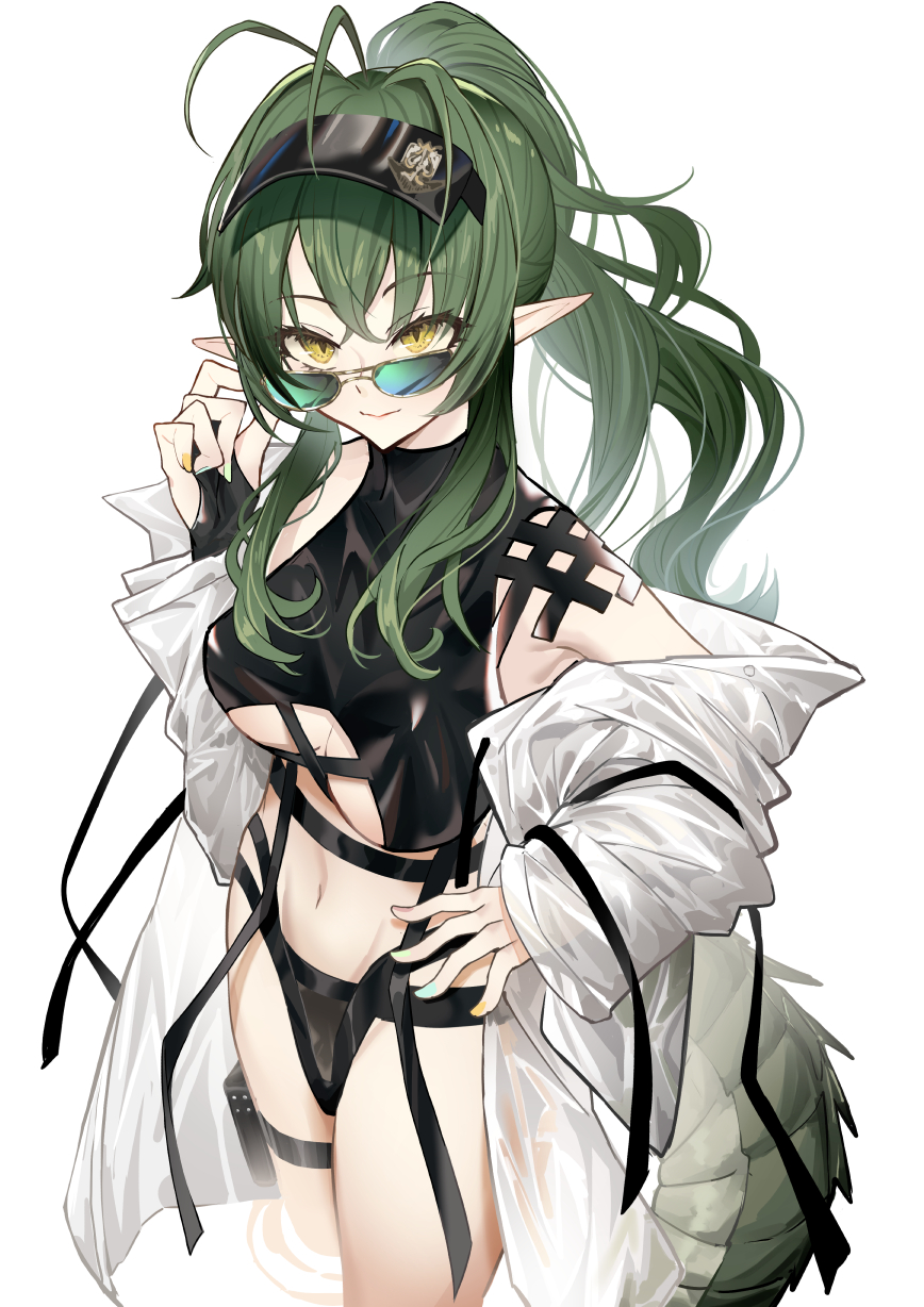 1girl adjusting_eyewear antenna_hair arknights black_swimsuit breasts cowboy_shot crocodilian_tail eyebrows_visible_through_hair gavial_(arknights) green_hair hair_between_eyes hand_on_eyewear hand_on_hip highres jacket long_hair looking_at_viewer medium_breasts navel nishitaka official_alternate_costume official_art open_clothes open_jacket pointy_ears ponytail sidelocks simple_background smile solo sunglasses swimsuit tail under_boob visor wading white_background white_jacket yellow_eyes