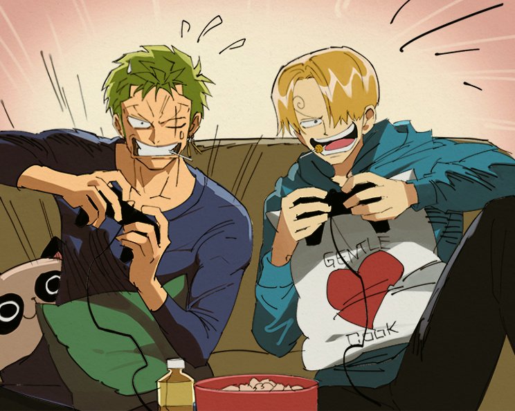 2boys :d blonde_hair candy clenched_teeth competition food game_console green_hair hair_over_one_eye hood hoodie lollipop long_sleeves male_focus multiple_boys one_piece playing_games roronoa_zoro runa_(artist) sanji scar scar_across_eye smile teeth