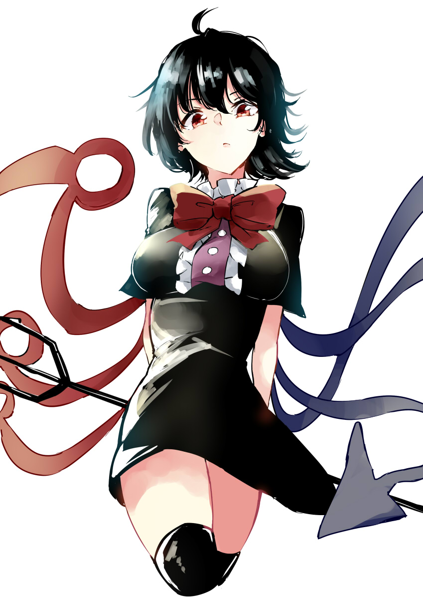 1girl ahoge asymmetrical_wings black_dress black_hair black_legwear blue_wings bow bowtie breasts buttons center_frills commentary_request covered_nipples cowboy_shot deetamu dress frills highres houjuu_nue lips looking_at_viewer medium_breasts nue_day pointy_ears polearm red_bow red_bowtie red_wings short_hair short_sleeves simple_background smirk solo thigh-highs tight tight_dress touhou trident weapon white_background wings zettai_ryouiki