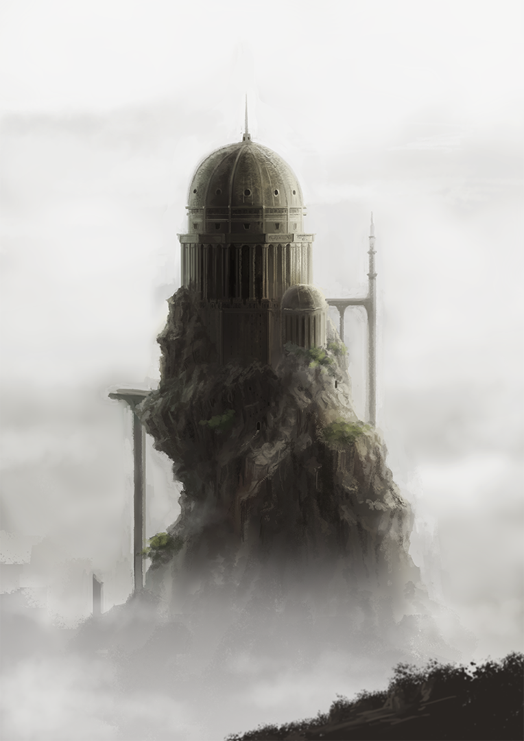 architecture building clouds cloudy_sky commentary_request erio_patrol fog landscape mountain no_humans original outdoors pillar ruins scenery sky