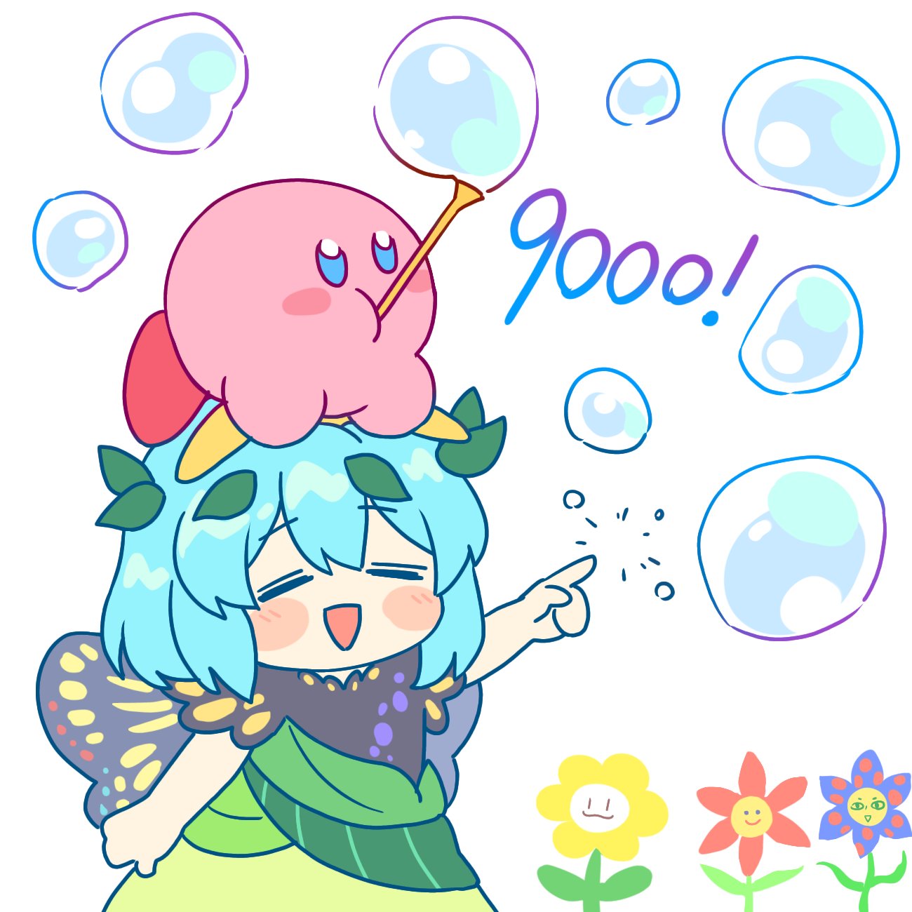 1girl 1other antennae aqua_hair blue_flower blush blush_stickers butterfly_wings caramell0501 crossover dress eternity_larva eyebrows_visible_through_hair fairy flower green_dress hair_between_eyes hair_ornament highres kirby kirby_(series) leaf_hair_ornament mixed-language_commentary multicolored_clothes multicolored_dress open_mouth pointing red_flower short_hair short_sleeves simple_background sketch smile touhou white_background wings yellow_flower