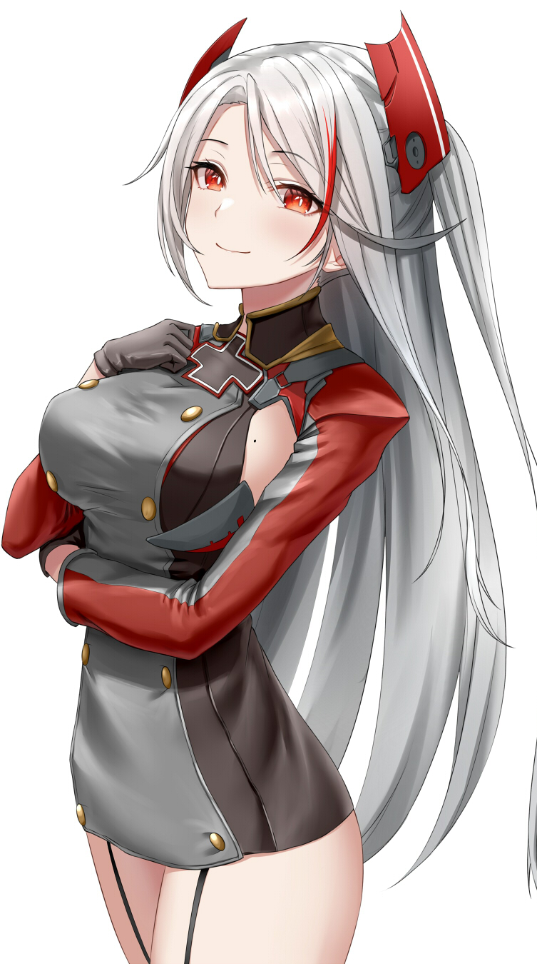 1girl antenna_hair azur_lane breasts buttons cowboy_shot cross double-breasted garter_straps highres iron_cross large_breasts long_hair long_sleeves looking_at_viewer mole mole_on_breast multicolored_hair naga_(pixiv70891418) orange_eyes prinz_eugen_(azur_lane) side_cutout sideboob silver_hair smile solo streaked_hair two_side_up